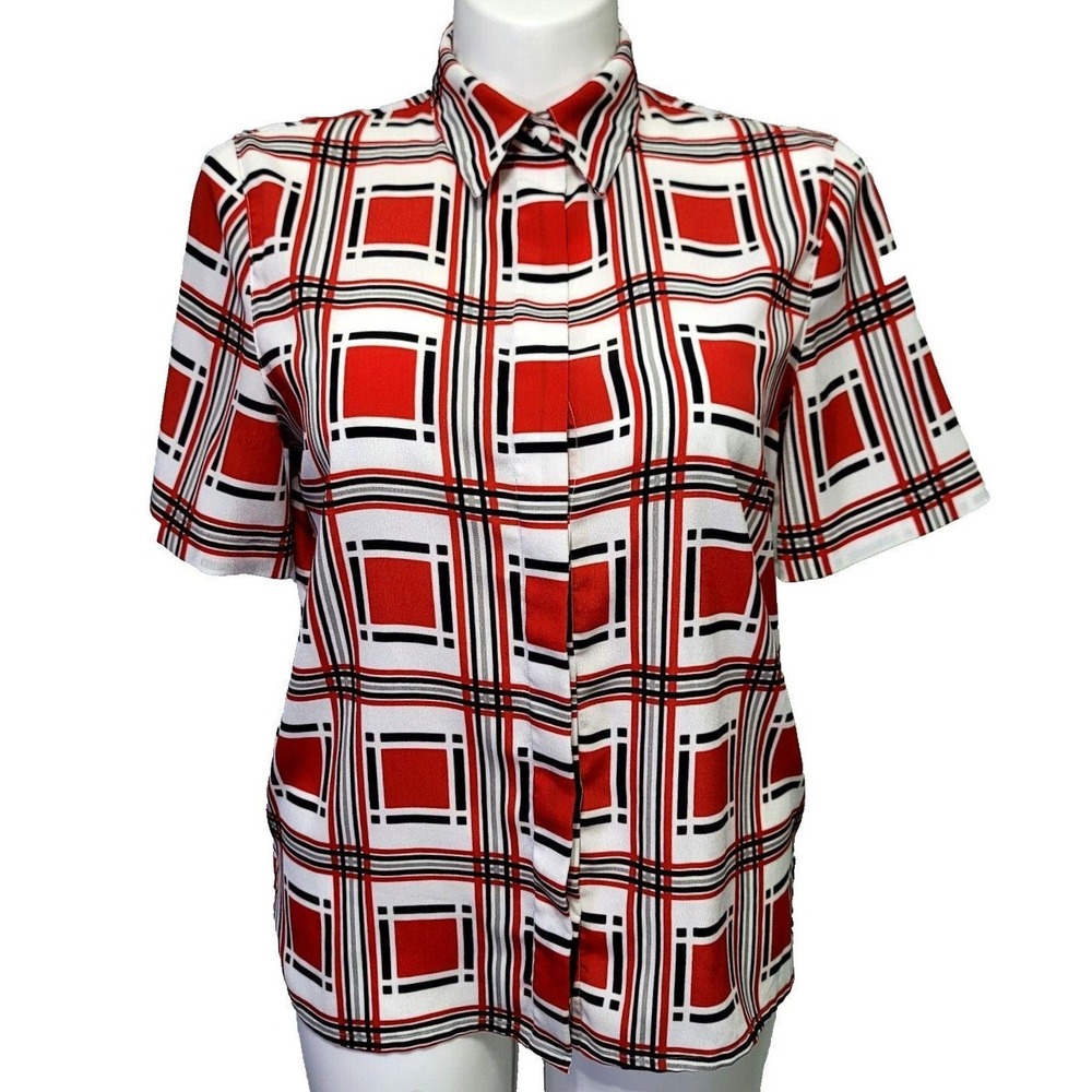 Alfred Dunner Vintage Red White Black Geometric Grid Short Sleeve Blouse Size 12